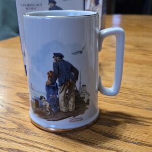 Norman Rockwell White Ceramic Mug with Gold Trim and Coastal Illustration